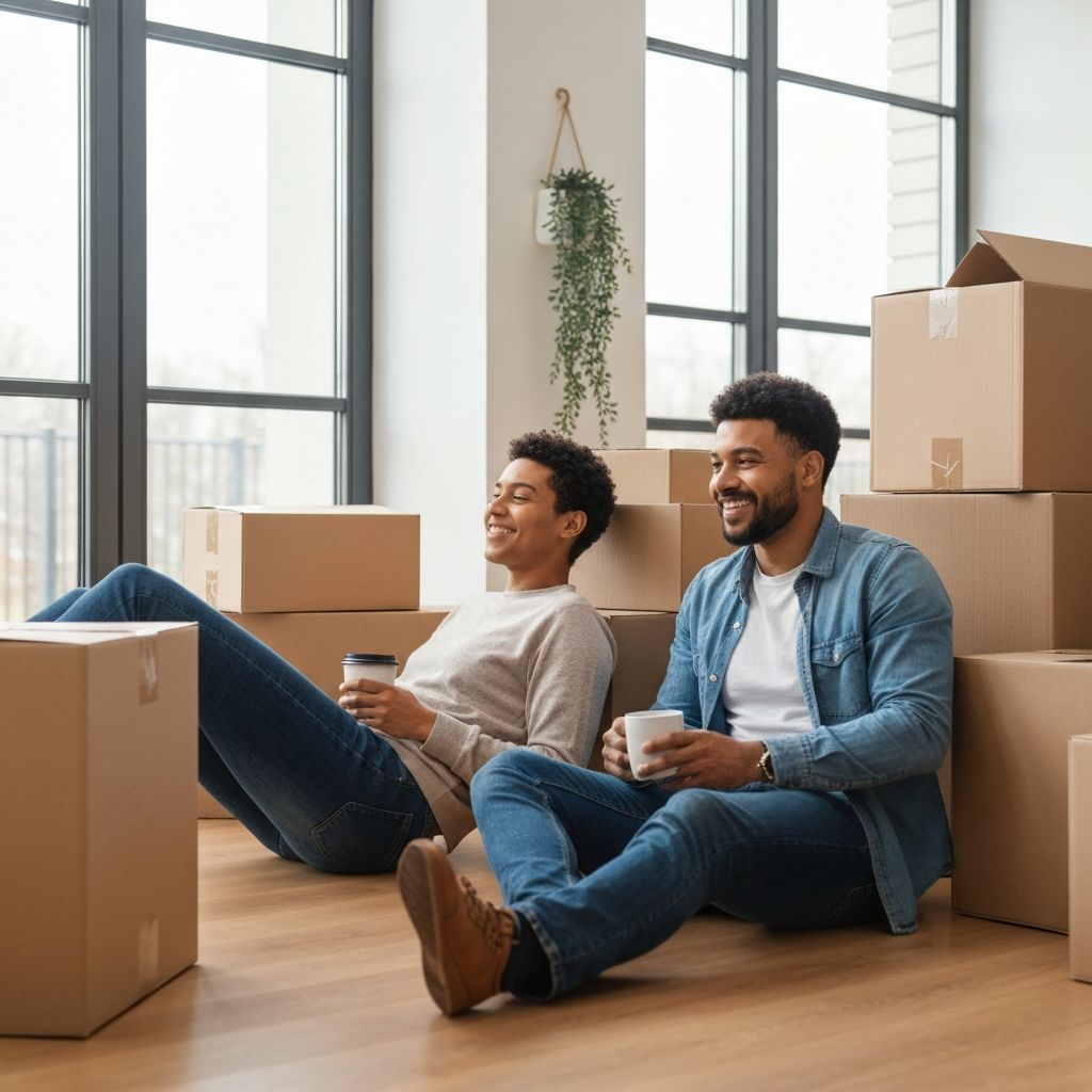 Happy couple moving into new home